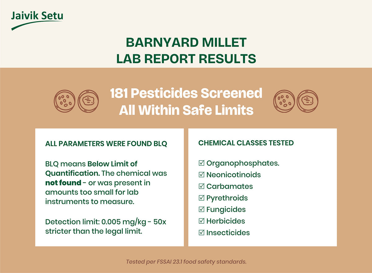 Lab Report Results of Pesticide Residue Test on Jaivik Setu Barnyard Millet. Showing categories/chemical classes tested and the results.
