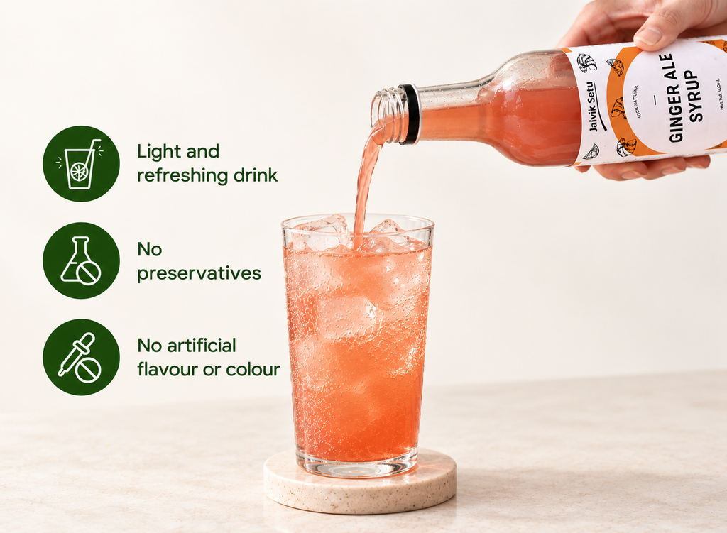 Jaivik Setu Ginger Ale Syrup being poured in a glass