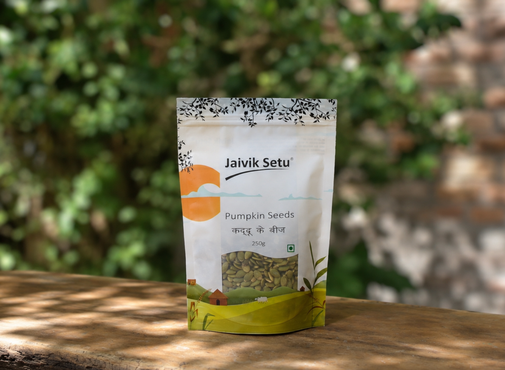 A stand-up pouch of Javik Setu Pumpkin Seeds placed on a wooden surface with a blurred outdoor garden background.